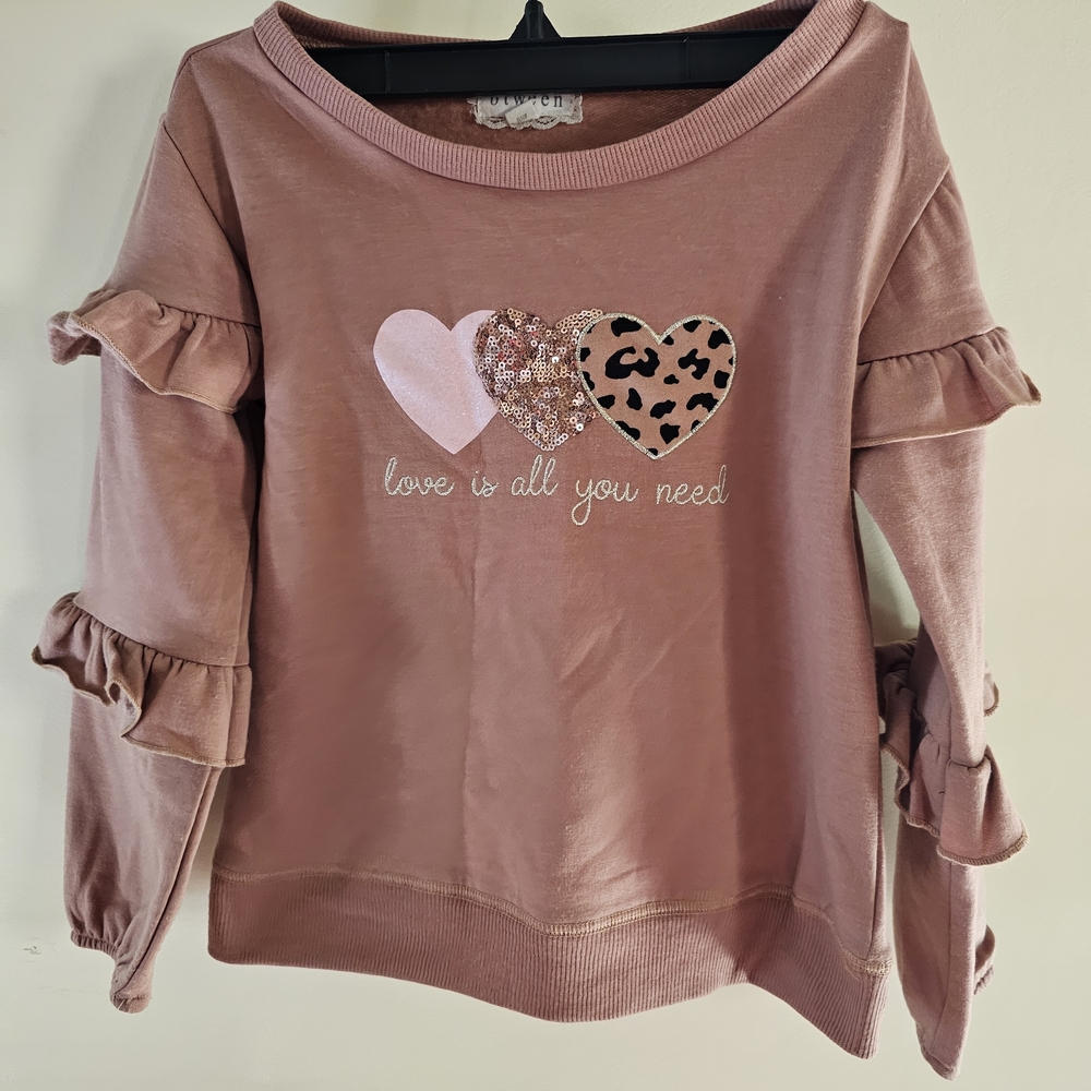 btween Dusty Rose Ruffle Sleeve Heart Sweatshirt